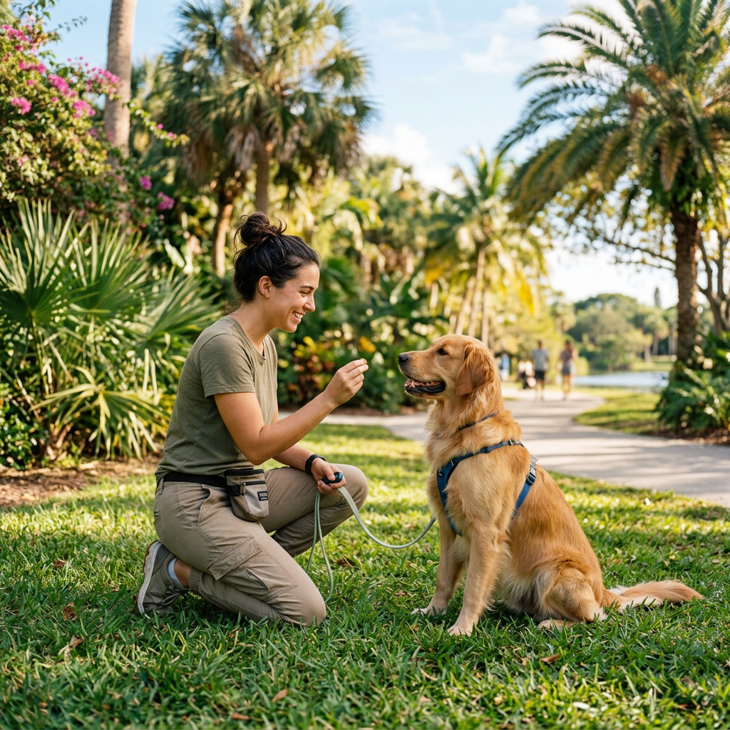 Woman rewarding a seated golden retriever in a tropical park